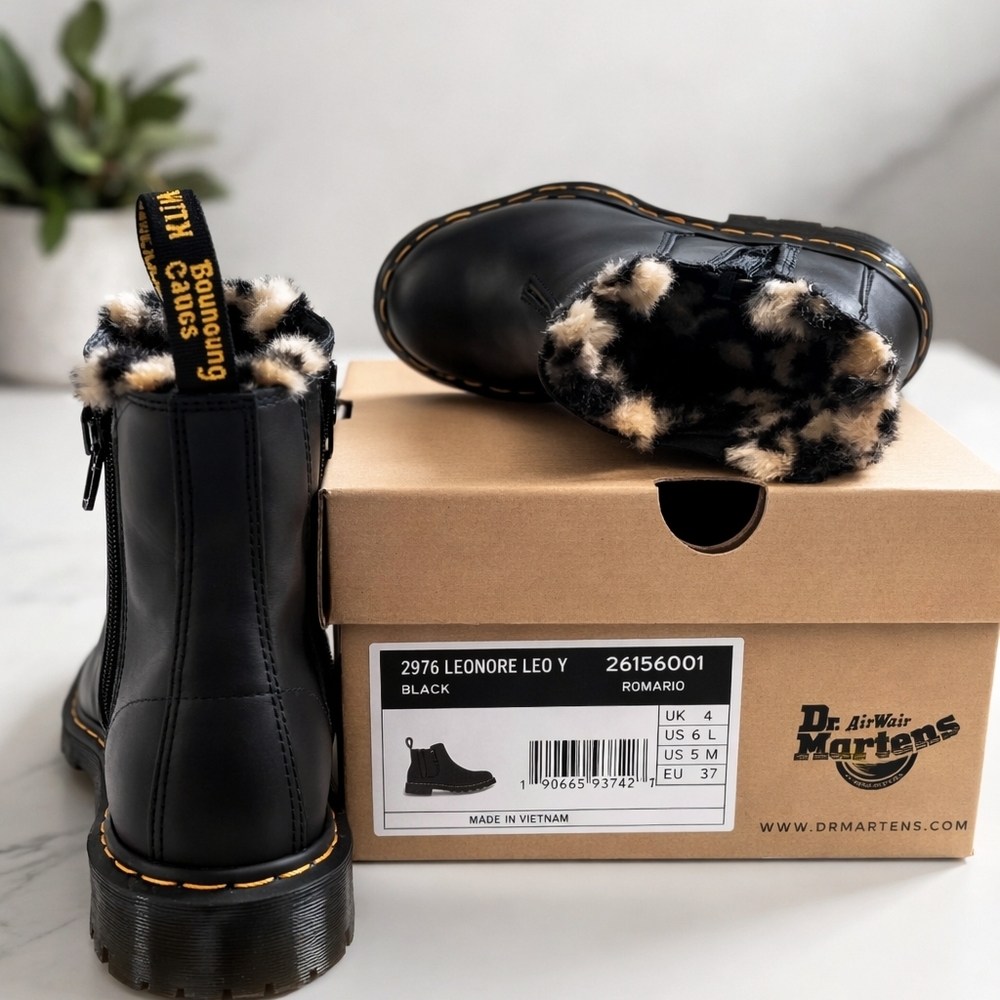 NIB Dr. Martens Leonore Chelsea Boots Black Fur Lined Leopard Elastic EU 37 - Picture 4 of 4